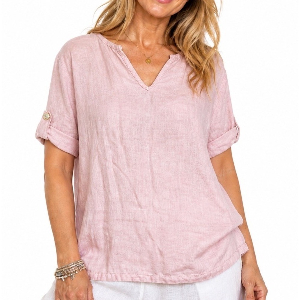 Gigi Moda Italian Linen Pink Top Sz L Roll Tab Sleeve Boho Lagenlook Mixed Media